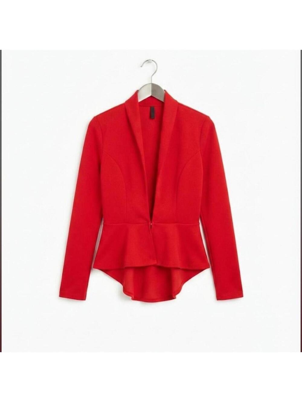 vibrant red peplum blazer from Papaya. Perfect for elevating a casual look
